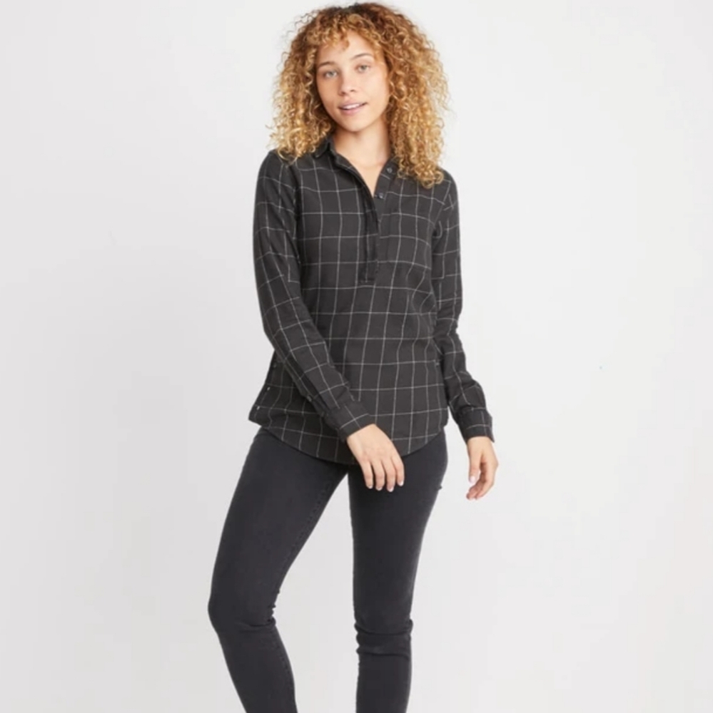 Marine Layer Diana Popover Flannel Button Shirt Soft Black Plaid Medium